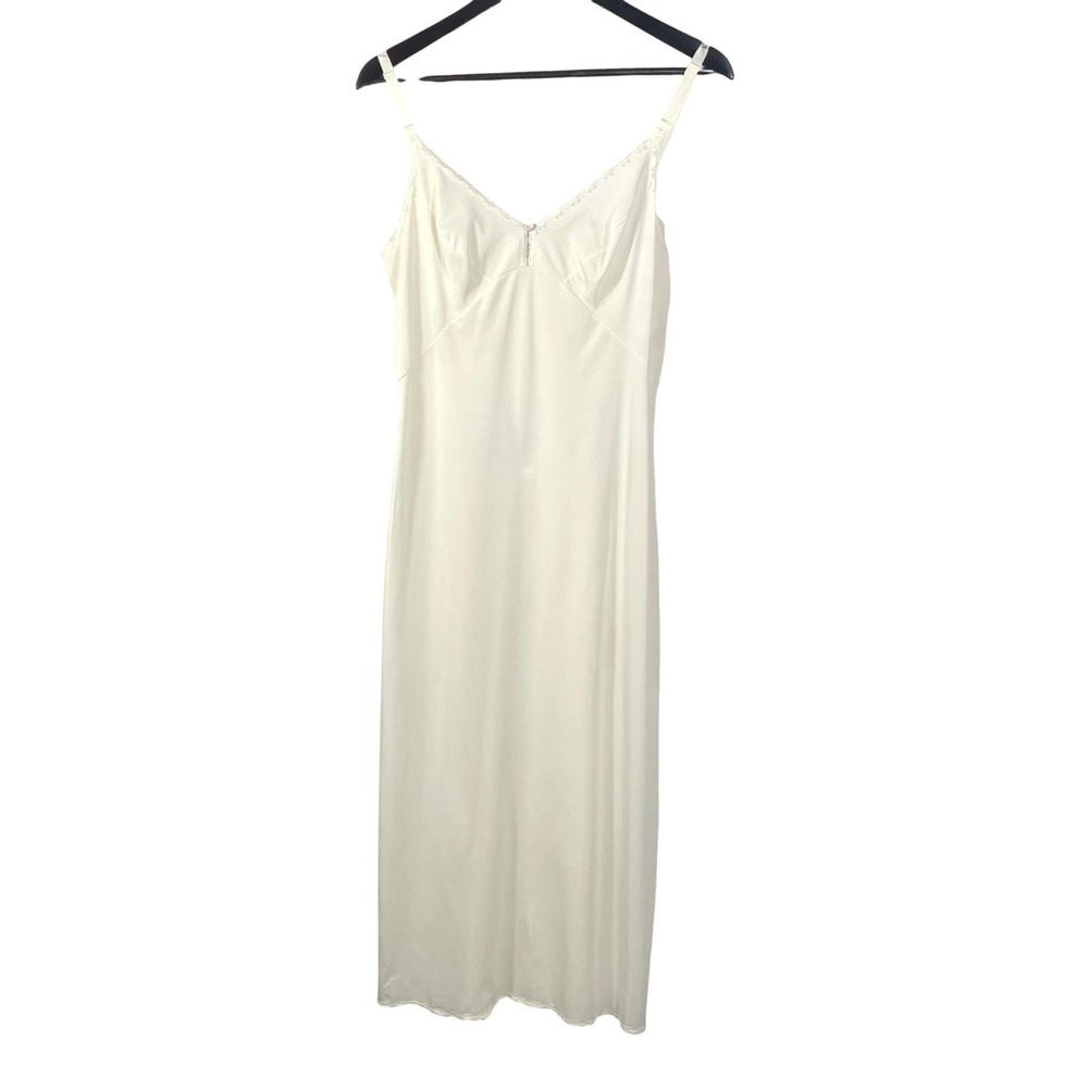 Vintage Olga Nightgown 36 Ivory Nylon Full Slip Lace Trim Maxi USA Made 50" Long